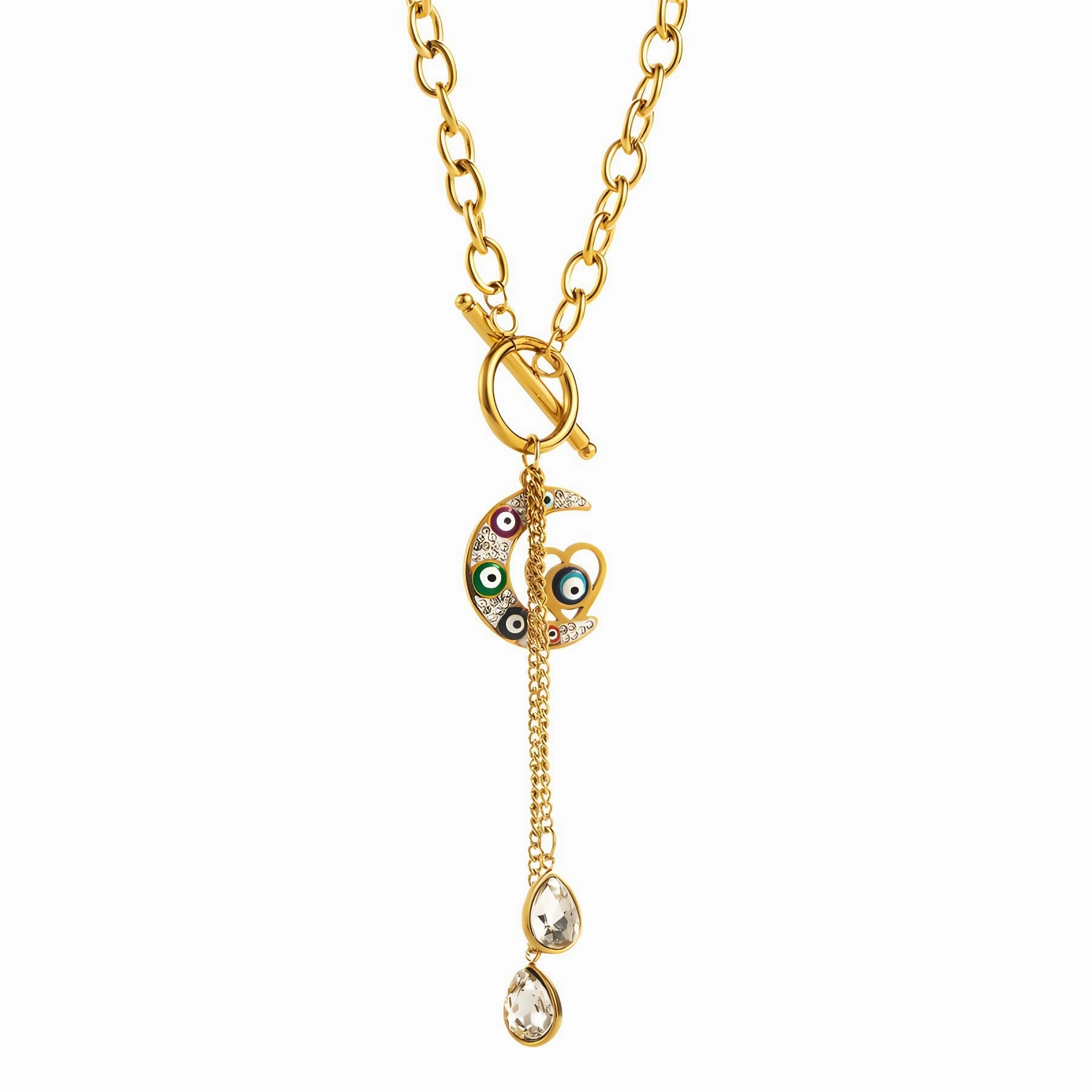 Wholesale Evil Eye Palm Moon Tassel Rhinestone Titanium Steel Necklace