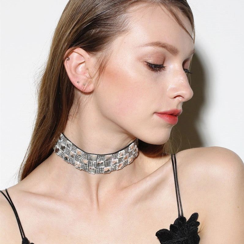 Wholesale Exaggerated Square Diamond Faux Suede Necklaces