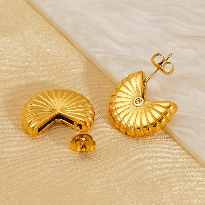 Wholesale Fan-shaped threaded titanium steel earrings for women, geometric vertical stripes earrings