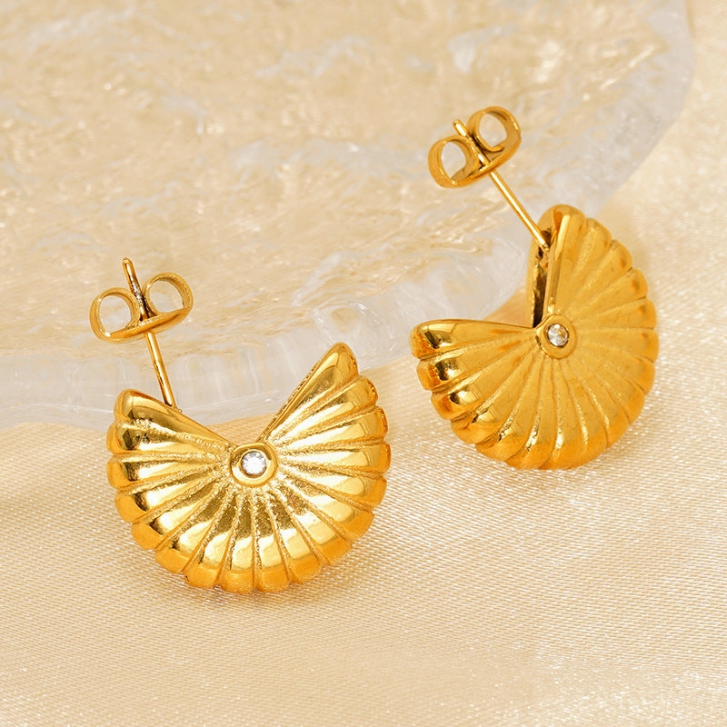 Wholesale Fan-shaped threaded titanium steel earrings for women, geometric vertical stripes earrings