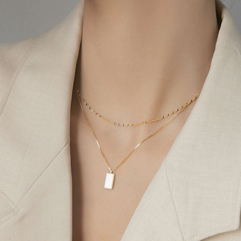 Wholesale Fashion Double Layered Rectangular White Shell Titanium Steel Necklace