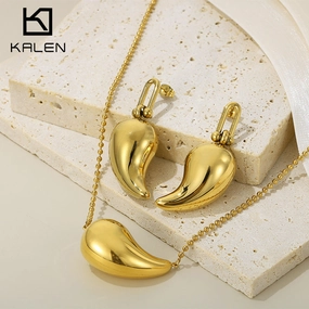 Wholesale Fashion High-end Design Chubby Water Drop Earrings Stainless Steel Hollow Necklace Temperament All-match Set