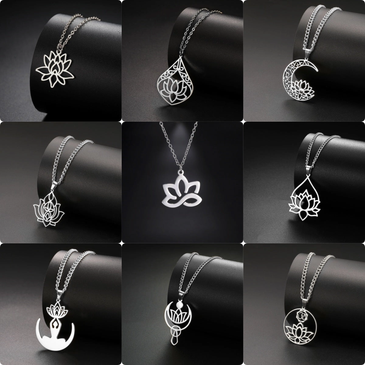 Wholesale Fashion Hollow Lotus Moon Stainless Steel Women's Necklace