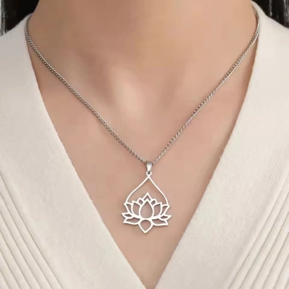 Wholesale Fashion Hollow Lotus Moon Stainless Steel Women's Necklace