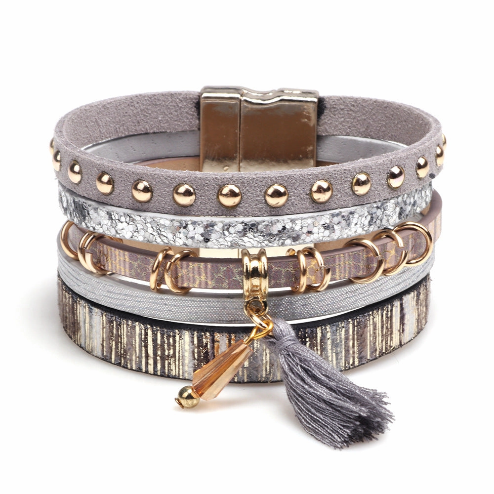 Wholesale Fashion Multi-layer Tassel Leather Magnetic Buckle Bracelet