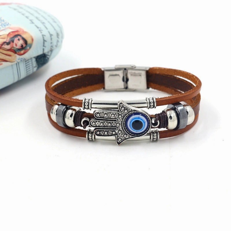 Wholesale Fatima Palm Devil Eyes Beaded Multi Layer Braided Stainless Steel Bracelet