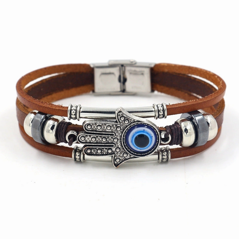 Wholesale Fatima Palm Devil Eyes Beaded Multi Layer Braided Stainless Steel Bracelet