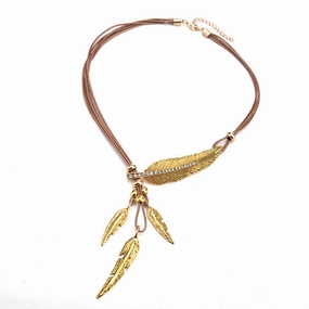 Wholesale Feather Leaves with Diamond Black Leather Rope Alloy Necklaces