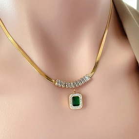 Wholesale Flat Snake Chain Green Diamond Square Titanium Steel Necklaces