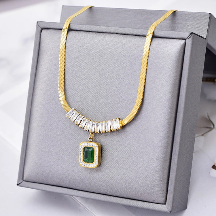Wholesale Flat Snake Chain Green Diamond Square Titanium Steel Necklaces