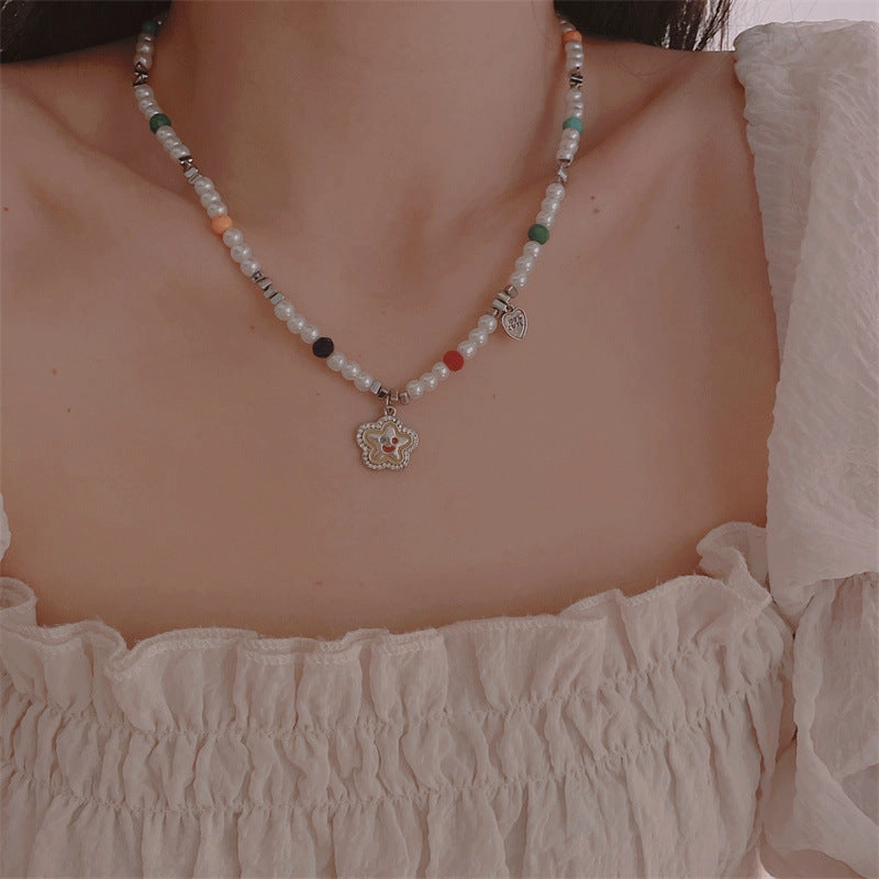 Wholesale Flower Love Heart Smiley Face Pendant Colorful Beaded Pearl Necklaces