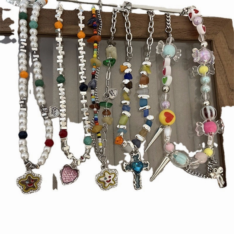 Wholesale Flower Love Heart Smiley Face Pendant Colorful Beaded Pearl Necklaces