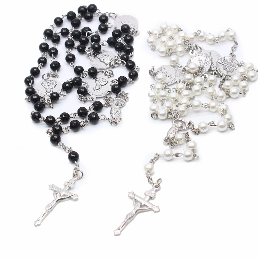 Wholesale Four Architectural Rosary Beads Glass Pearl Alloy Cross Necklaces