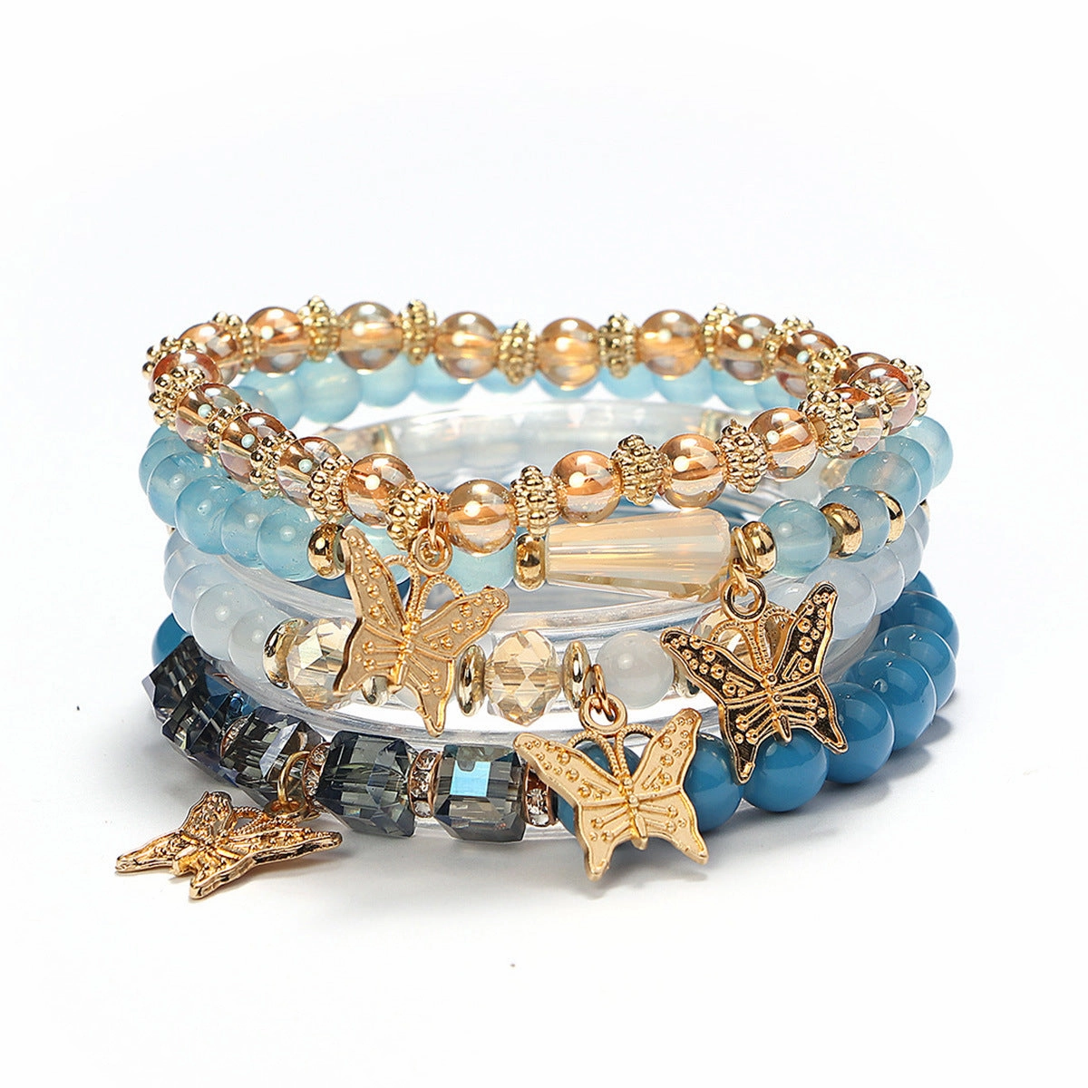 Wholesale Four Layer Butterfly Pendant Glass Elastic Bracelet