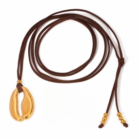 Wholesale French 18k Gold Stainless Steel Large Tooth Shell Pendant Brown Velvet Rope Necklace