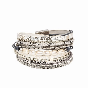 Wholesale Freshwater Pearl Cowhide Rope Bracelet with Diamond Multi-layer Magnet Buckle