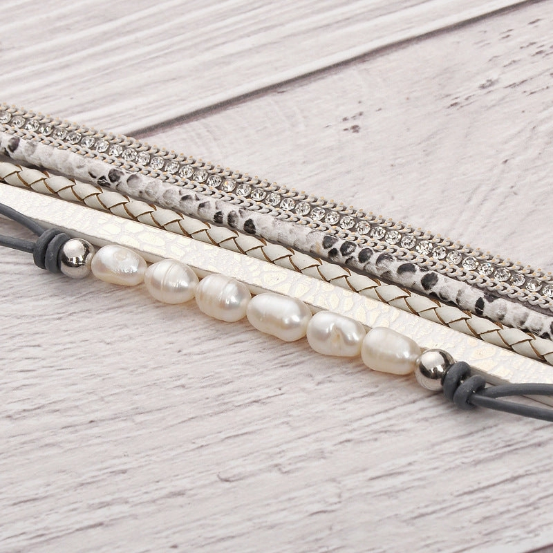 Wholesale Freshwater Pearl Cowhide Rope Bracelet with Diamond Multi-layer Magnet Buckle