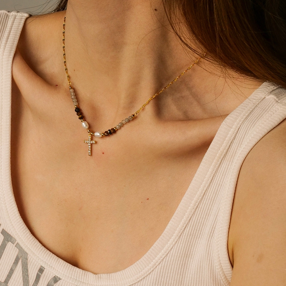 Wholesale Freshwater Pearl Inlaid Zirconium Cross Titanium Steel Necklace