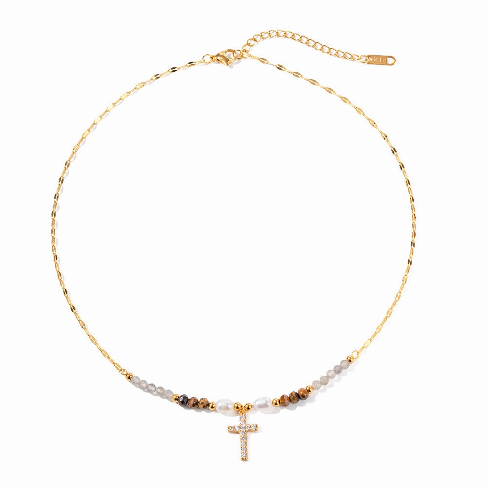 Wholesale Freshwater Pearl Inlaid Zirconium Cross Titanium Steel Necklace
