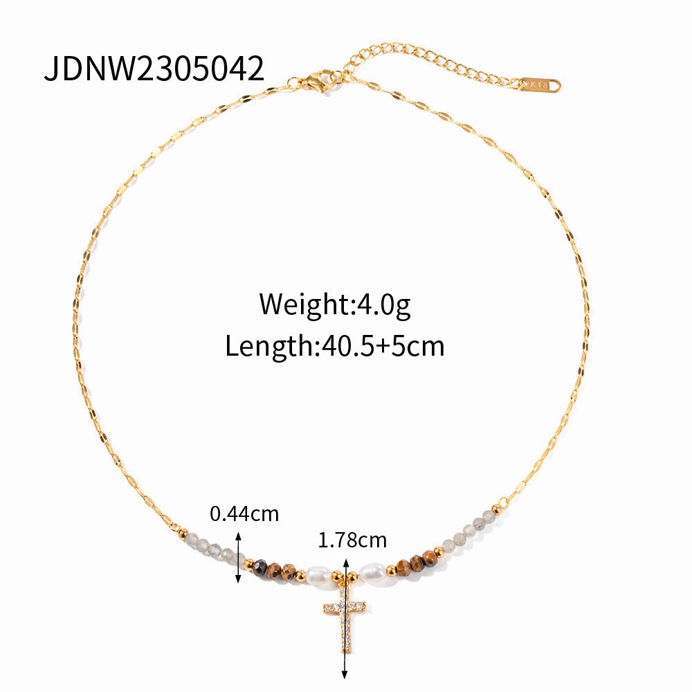 Wholesale Freshwater Pearl Inlaid Zirconium Cross Titanium Steel Necklace