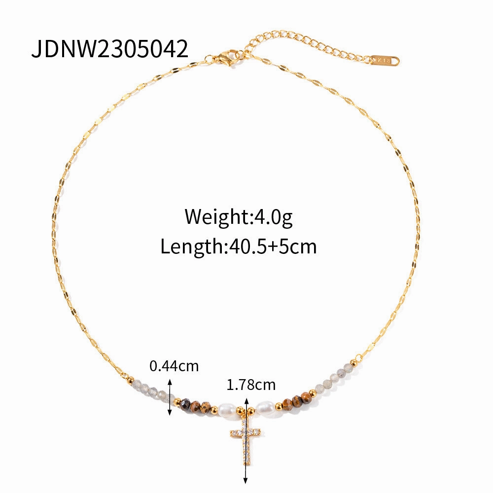 Wholesale Freshwater Pearl Inlaid Zirconium Cross Titanium Steel Necklace
