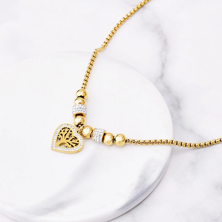 Wholesale Full Diamond Heart Pendant Tree of Life Titanium Steel Necklaces