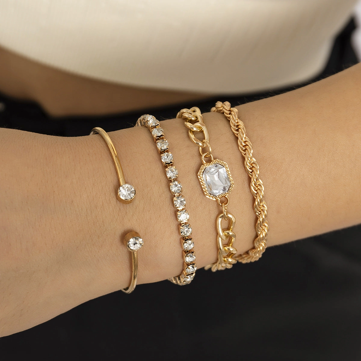 Wholesale Full Diamond Twist Chain Stacked Metal Bracelet Set