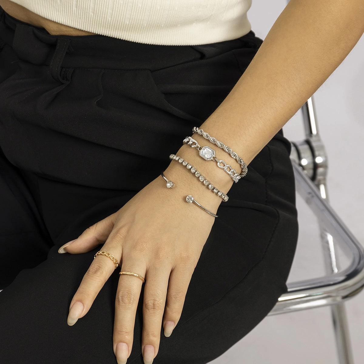Wholesale Full Diamond Twist Chain Stacked Metal Bracelet Set