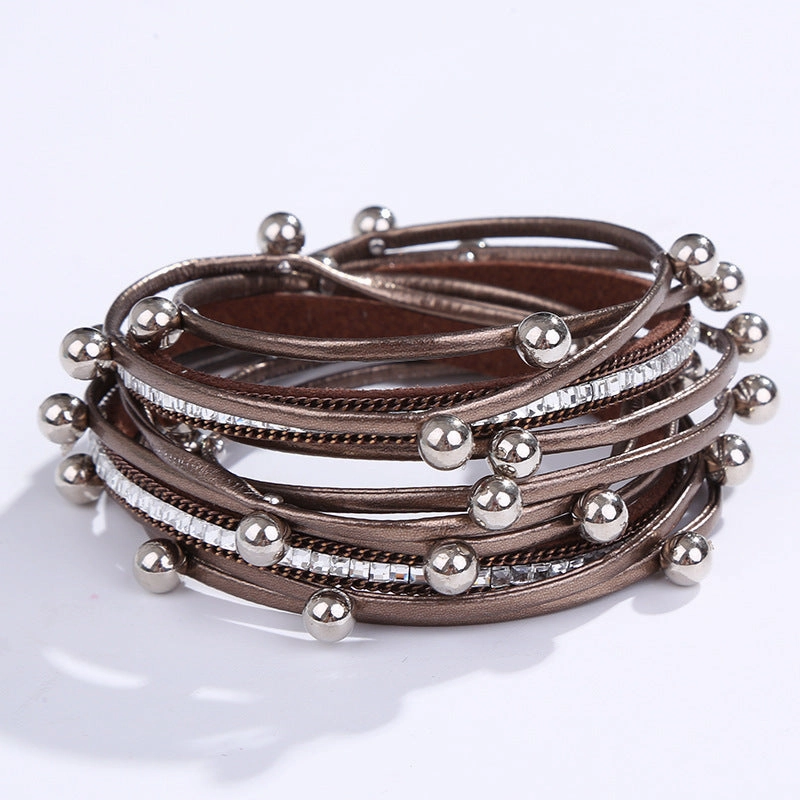 Wholesale Geometric Asymmetrical Inlaid Pearl Multi-Layered Leather Adjustable Bracelet