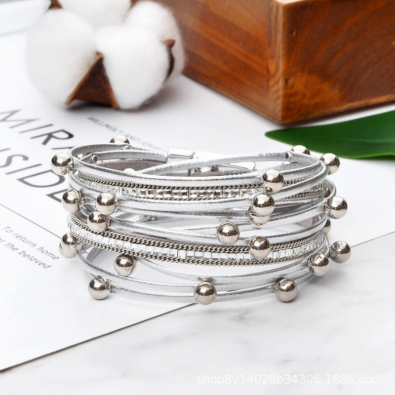 Wholesale Geometric Asymmetrical Inlaid Pearl Multi-Layered Leather Adjustable Bracelet