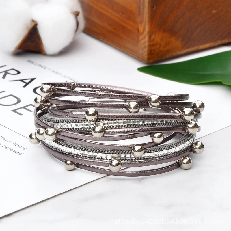 Wholesale Geometric Asymmetrical Inlaid Pearl Multi-Layered Leather Adjustable Bracelet
