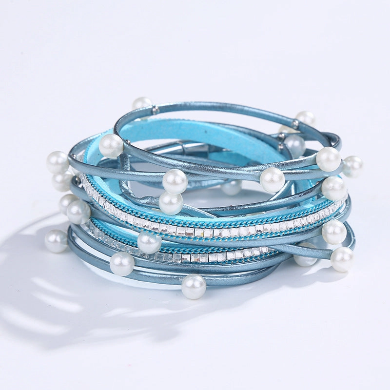 Wholesale Geometric Asymmetrical Inlaid Pearl Multi-Layered Leather Adjustable Bracelet