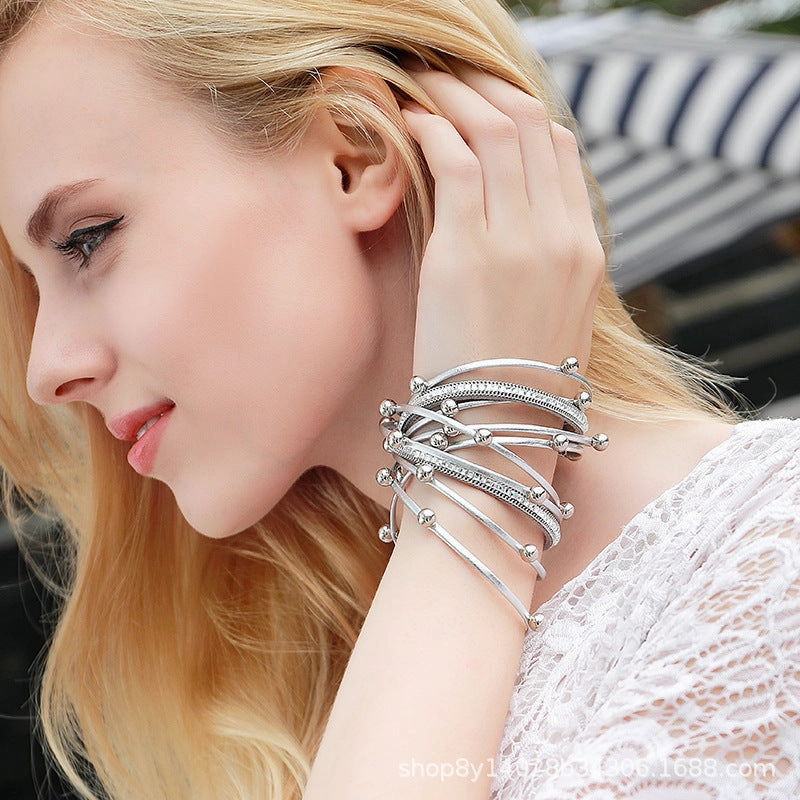 Wholesale Geometric Asymmetrical Inlaid Pearl Multi-Layered Leather Adjustable Bracelet