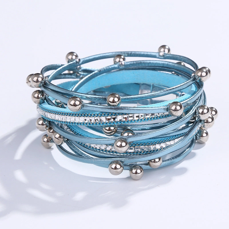 Wholesale Geometric Asymmetrical Inlaid Pearl Multi-Layered Leather Adjustable Bracelet