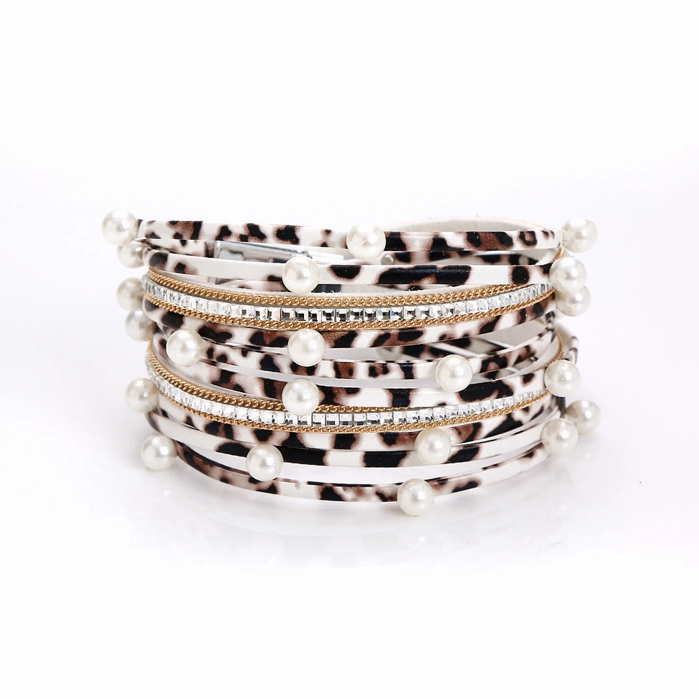 Wholesale Geometric Asymmetrical Inlaid Pearl Multi-Layered Leather Adjustable Bracelet