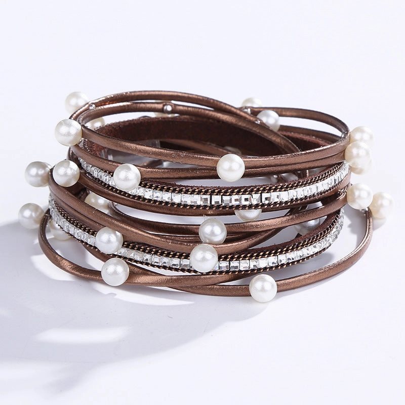 Wholesale Geometric Asymmetrical Inlaid Pearl Multi-Layered Leather Adjustable Bracelet
