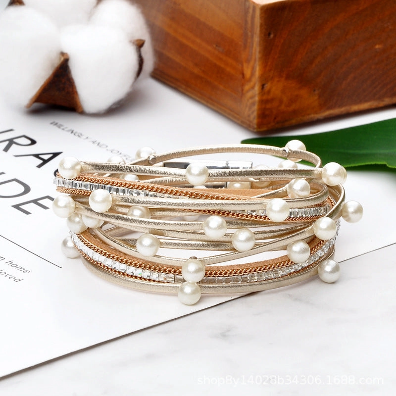 Wholesale Geometric Asymmetrical Inlaid Pearl Multi-Layered Leather Adjustable Bracelet