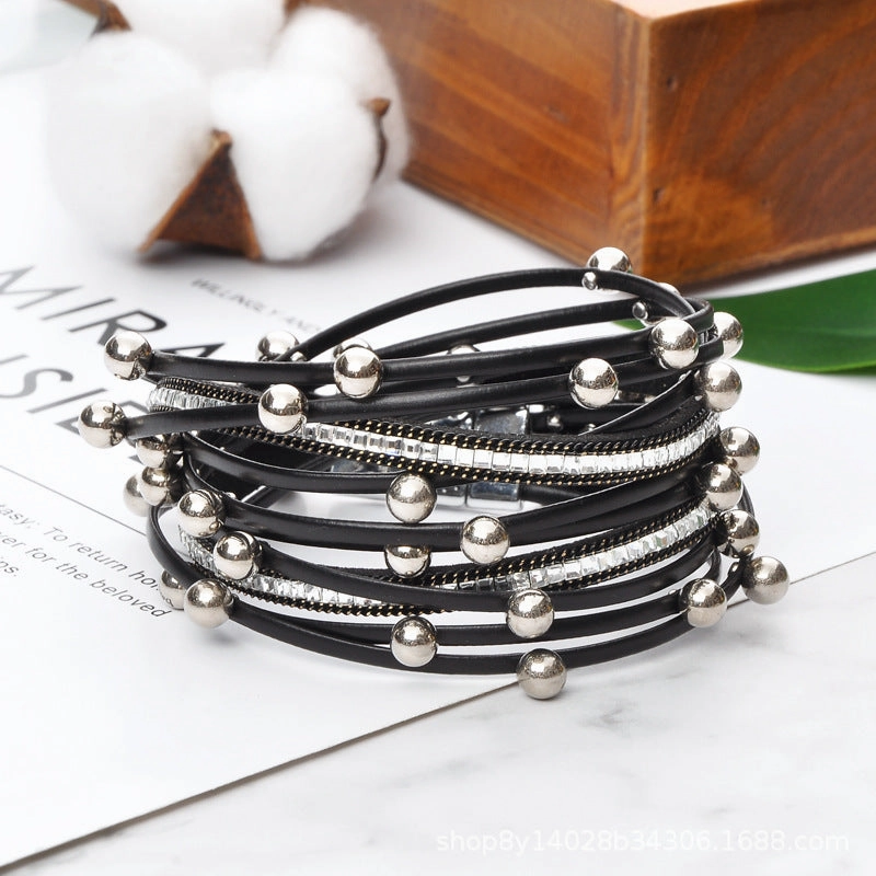 Wholesale Geometric Asymmetrical Inlaid Pearl Multi-Layered Leather Adjustable Bracelet