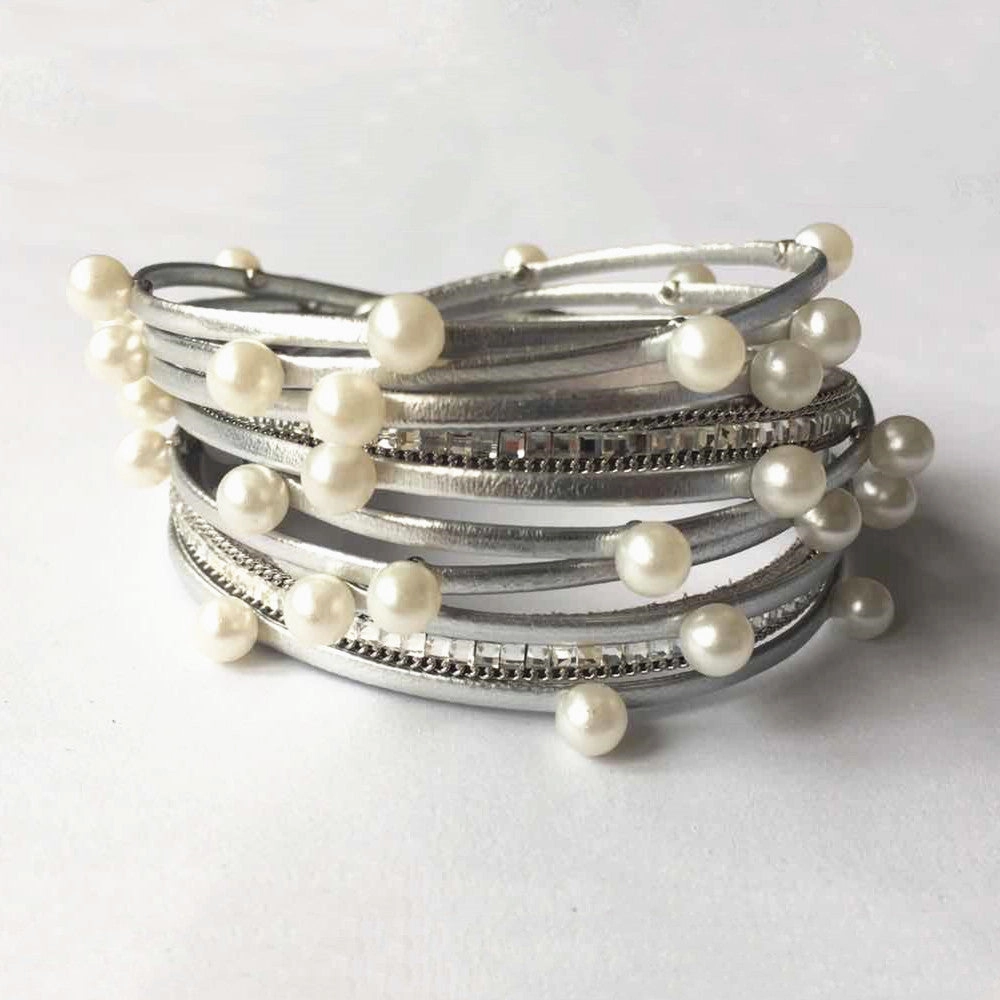 Wholesale Geometric Asymmetrical Inlaid Pearl Multi-Layered Leather Adjustable Bracelet