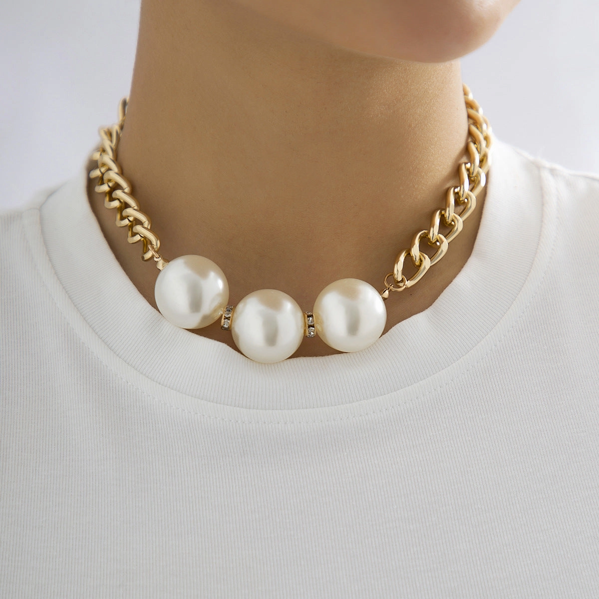 Wholesale Geometric Chunky Chain Imitation Pearl Rhinestone Bracelet Necklaces Set