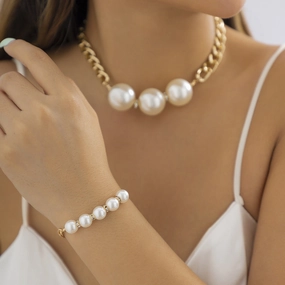 Wholesale Geometric Chunky Chain Imitation Pearl Rhinestone Bracelet Necklaces Set