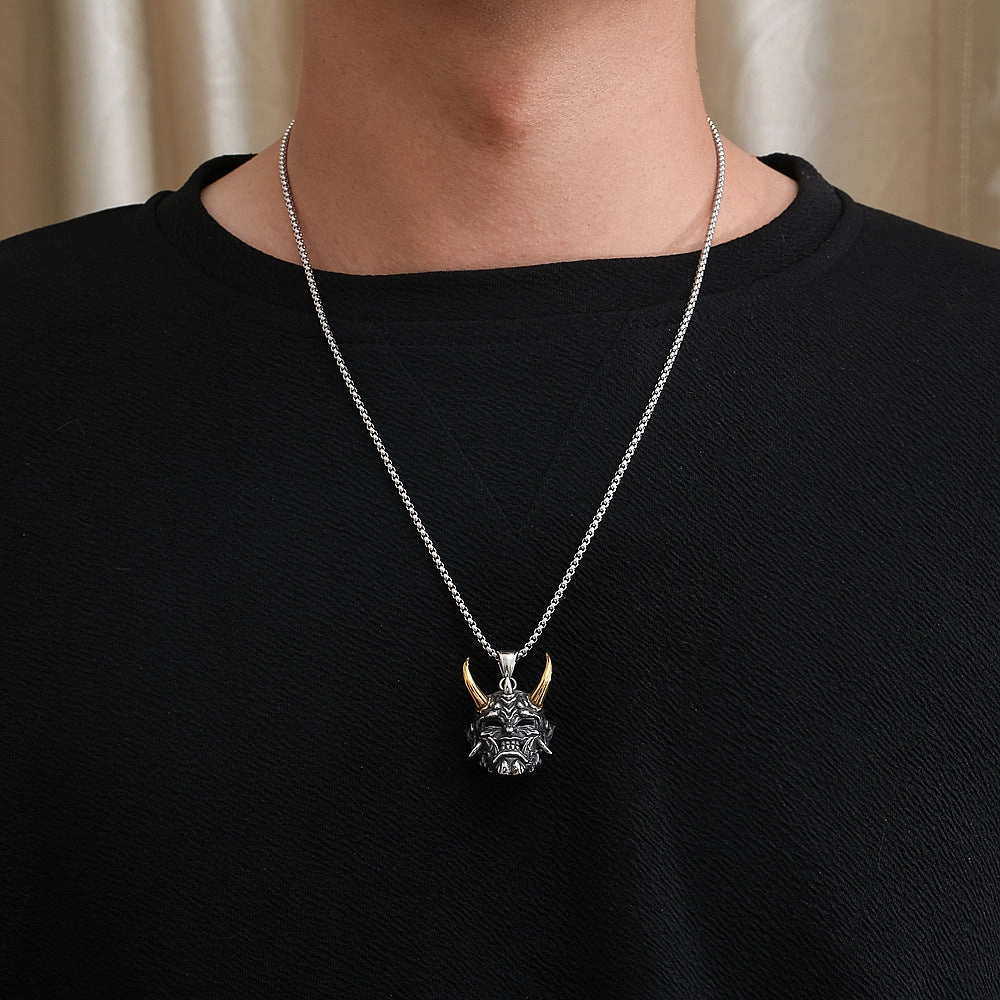 Wholesale Ghost Samurai Mask Golden Horn Prajna Pendant Stainless Steel Necklaces