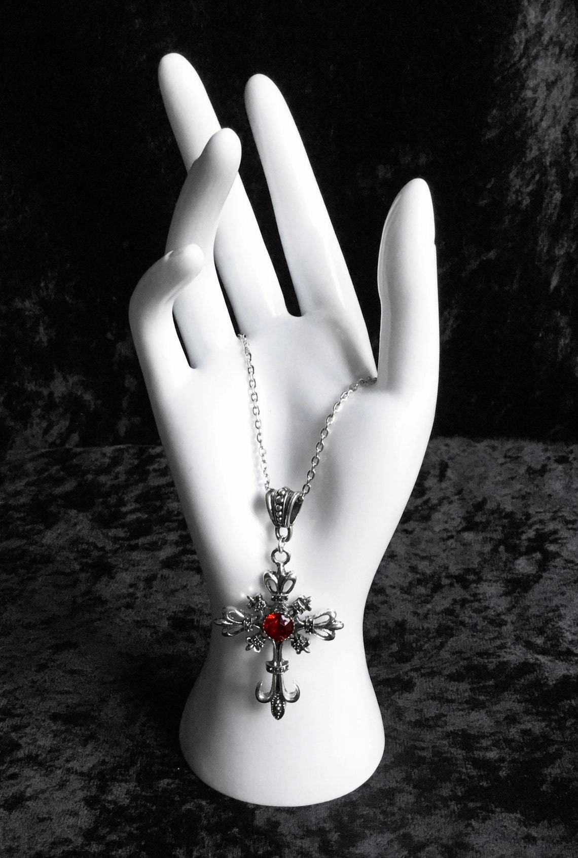 Wholesale Goth Theme Vintage Ruby Cross Alloy Necklaces