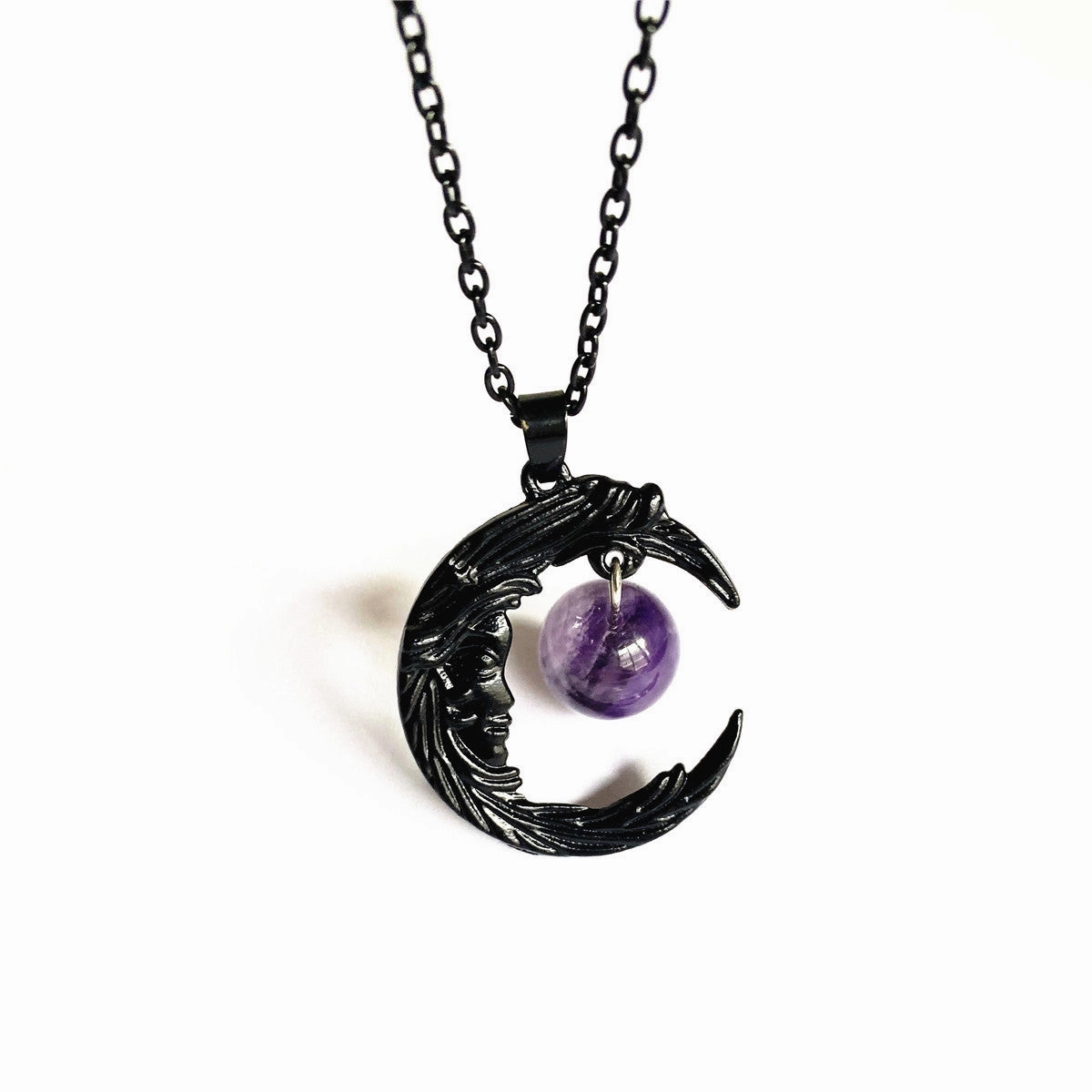 Wholesale Gothic Face Black Crescent Amethyst Pendant Alloy Necklaces