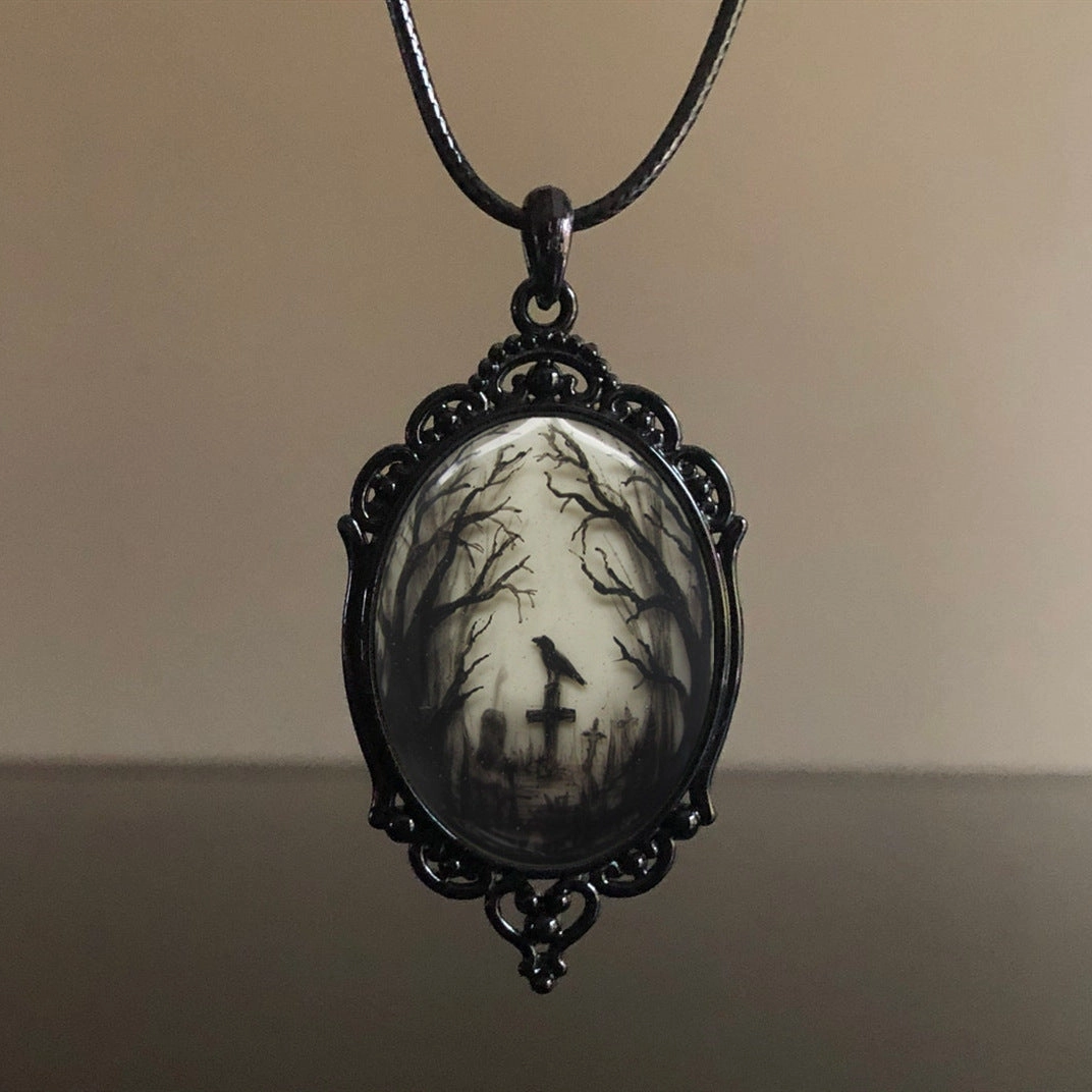Wholesale Gothic Raven Cross Glass Pendant Alloy Necklaces