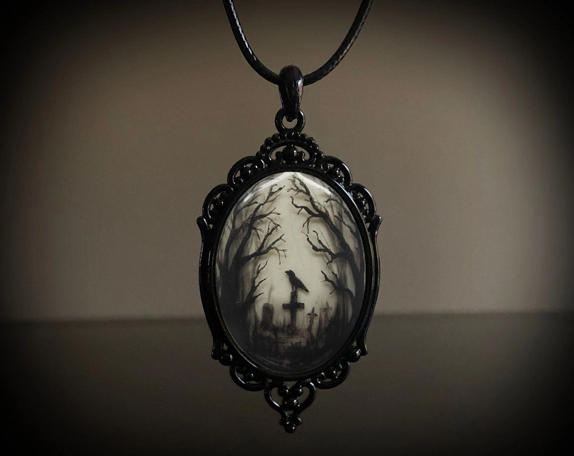 Wholesale Gothic Raven Cross Glass Pendant Alloy Necklaces