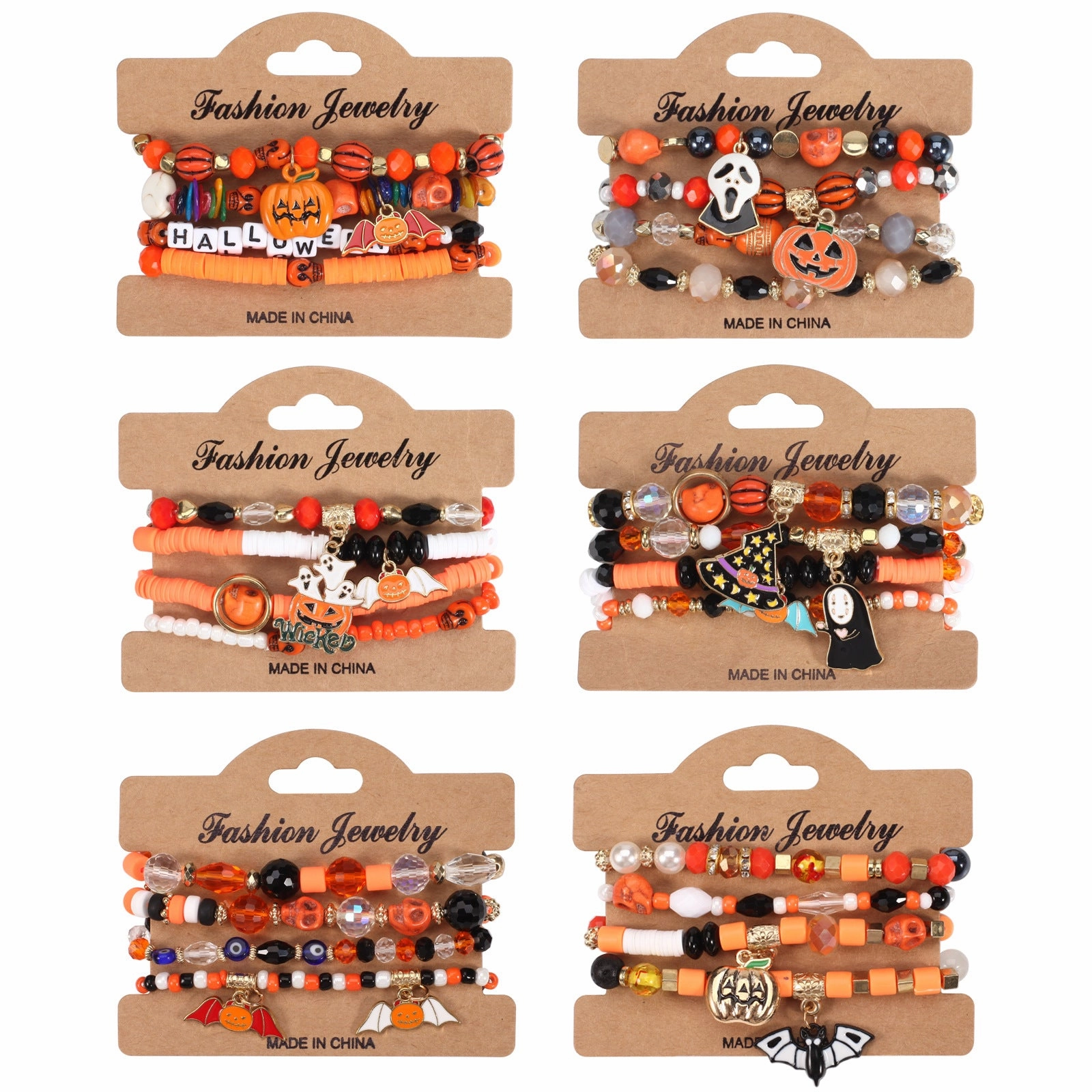 Wholesale Halloween Multi-layer Bat Pumpkin Spider Glass Clay Beaded Bracelet