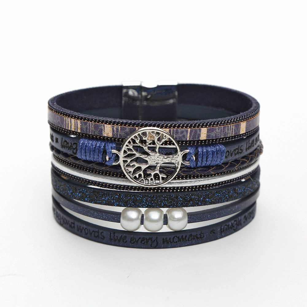 Wholesale Hand Woven Leather Hollow Tree of Life Multilayer Bracelet
