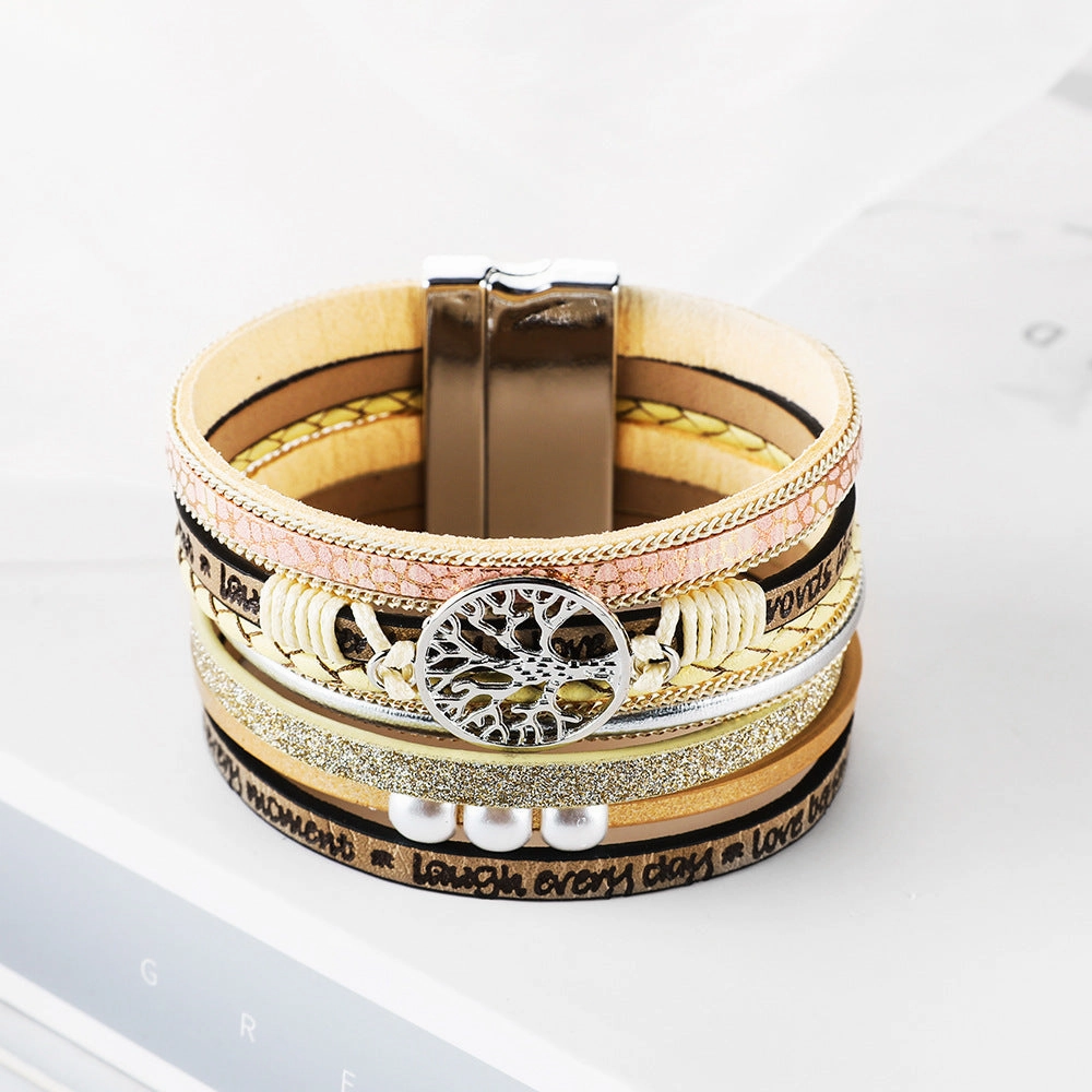Wholesale Hand Woven Leather Hollow Tree of Life Multilayer Bracelet