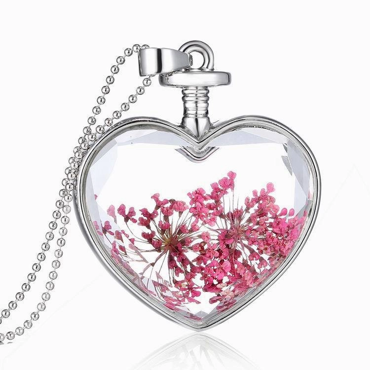 Wholesale Heart Pendant Flowers Heart Crystal Various Plant Dried Flowers Alloy Necklaces